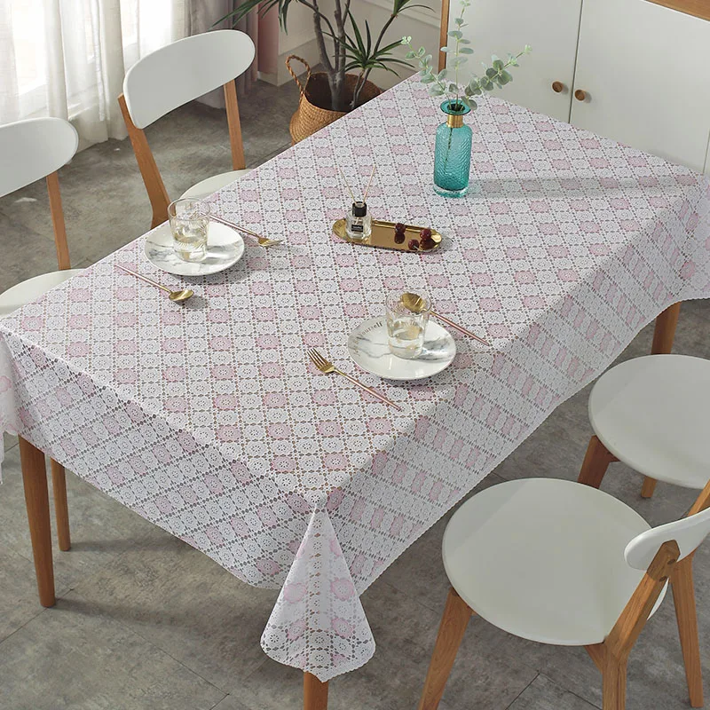 PVC Lace Tablecloth Waterproof Washable and Erasable Table Linen Tea Table Cloth Rectangular Table Cover Whitepink