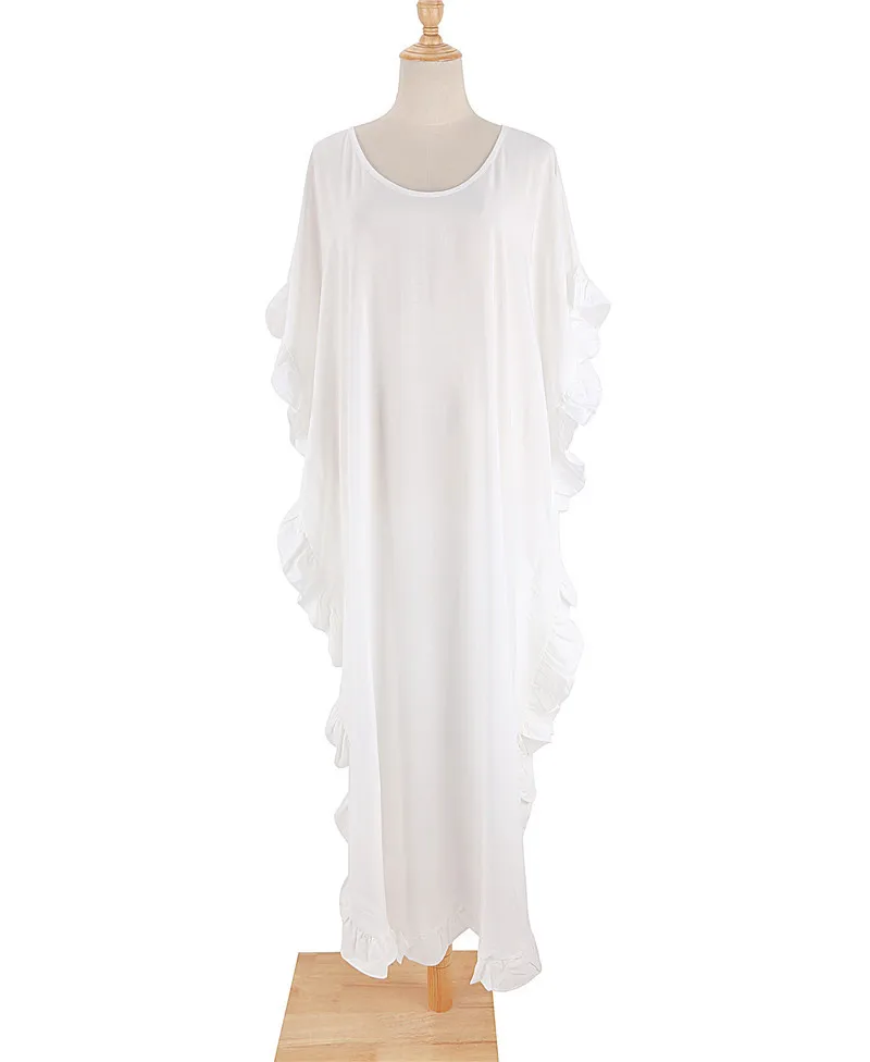 لباس سباحة بكيني بلون أبيض سادة بياقة على شكل v لعام 3/4 فستان طويل قفطان للشاطئ ملابس للنساء رداء استحمام