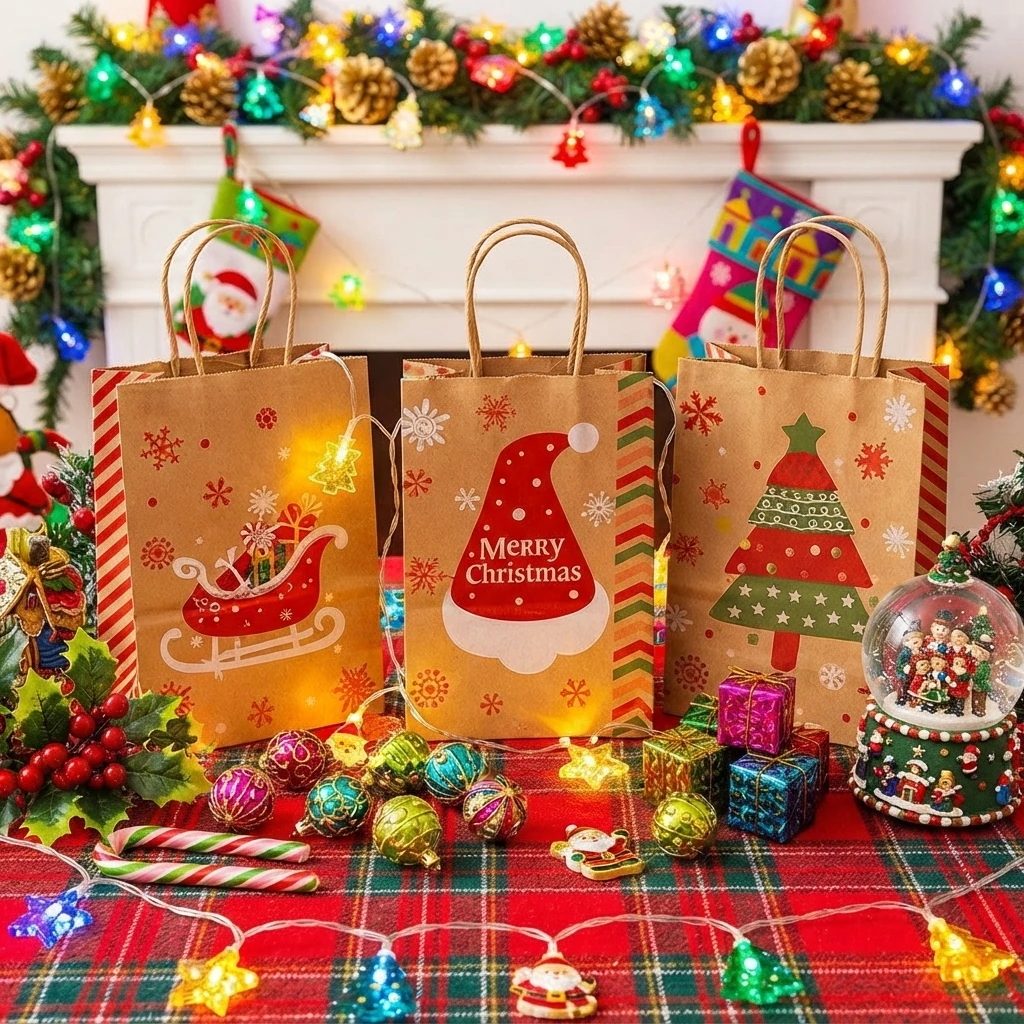 Christmas Kraft Paper Gift Bags Snowflake Reindeer Shopping Tote Bags Clothing Packaging Party Favor Bags Holiday Gift Supplies