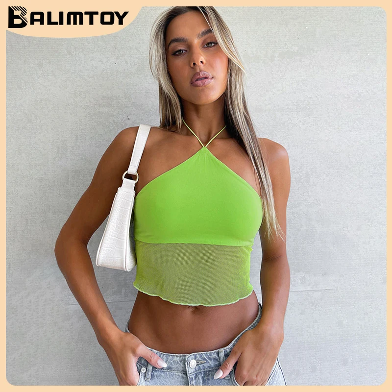 2023 Hot Mesh Top Summer Women Tank Crop Tops Girls Sexy Bellyband Sleeveless Tee shirts Black For Female