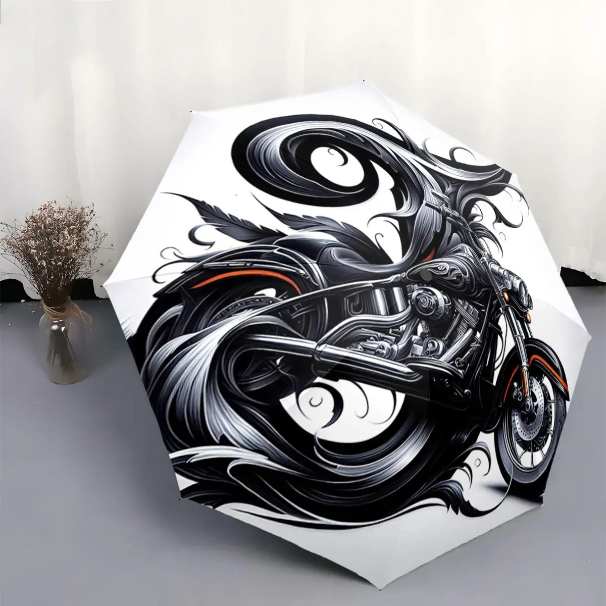 Stylish Black Motorcycle with Abstract Swirl Design portable waterproof sun rain umbrella for outdoor travel beach