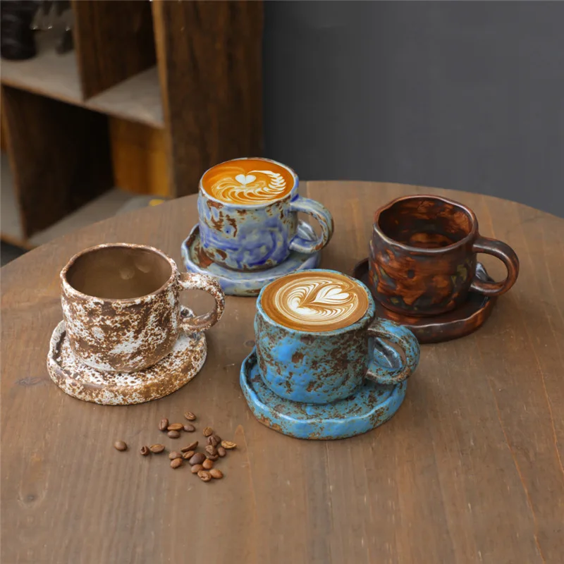 Retro Ceramic Coffee Mugs Creative Rough Pottery Coffee Cups and Saucers Set Japanese Style Breakfast Afternoon Cups and Saucers