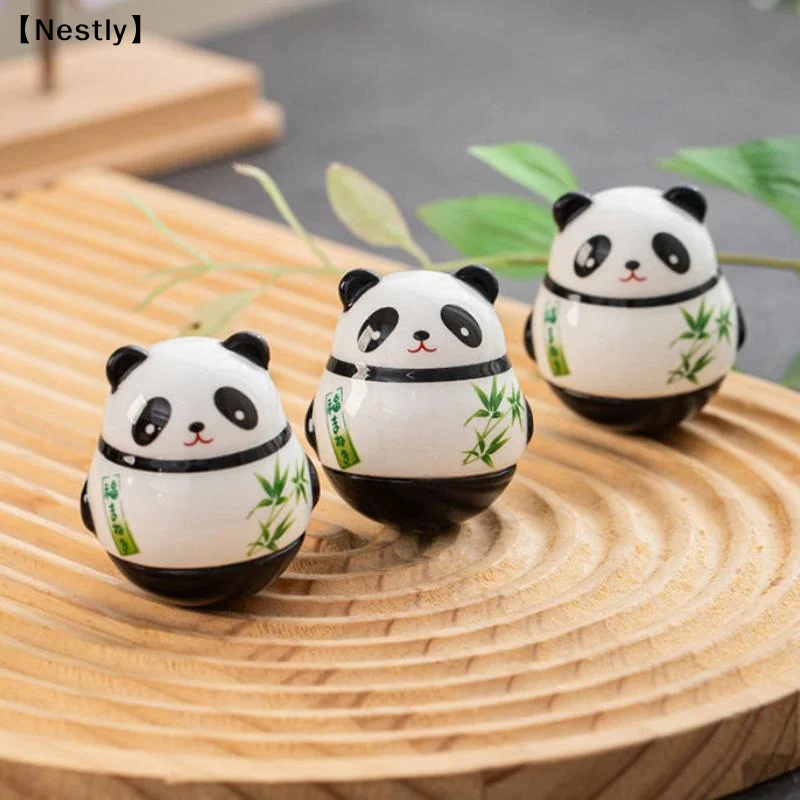 Ceramic Panda Doll Crafts Panda Tumbler Toy Lucky Charm Fortune Ornament Landscape Home Office Desk Decor〔Nest〕