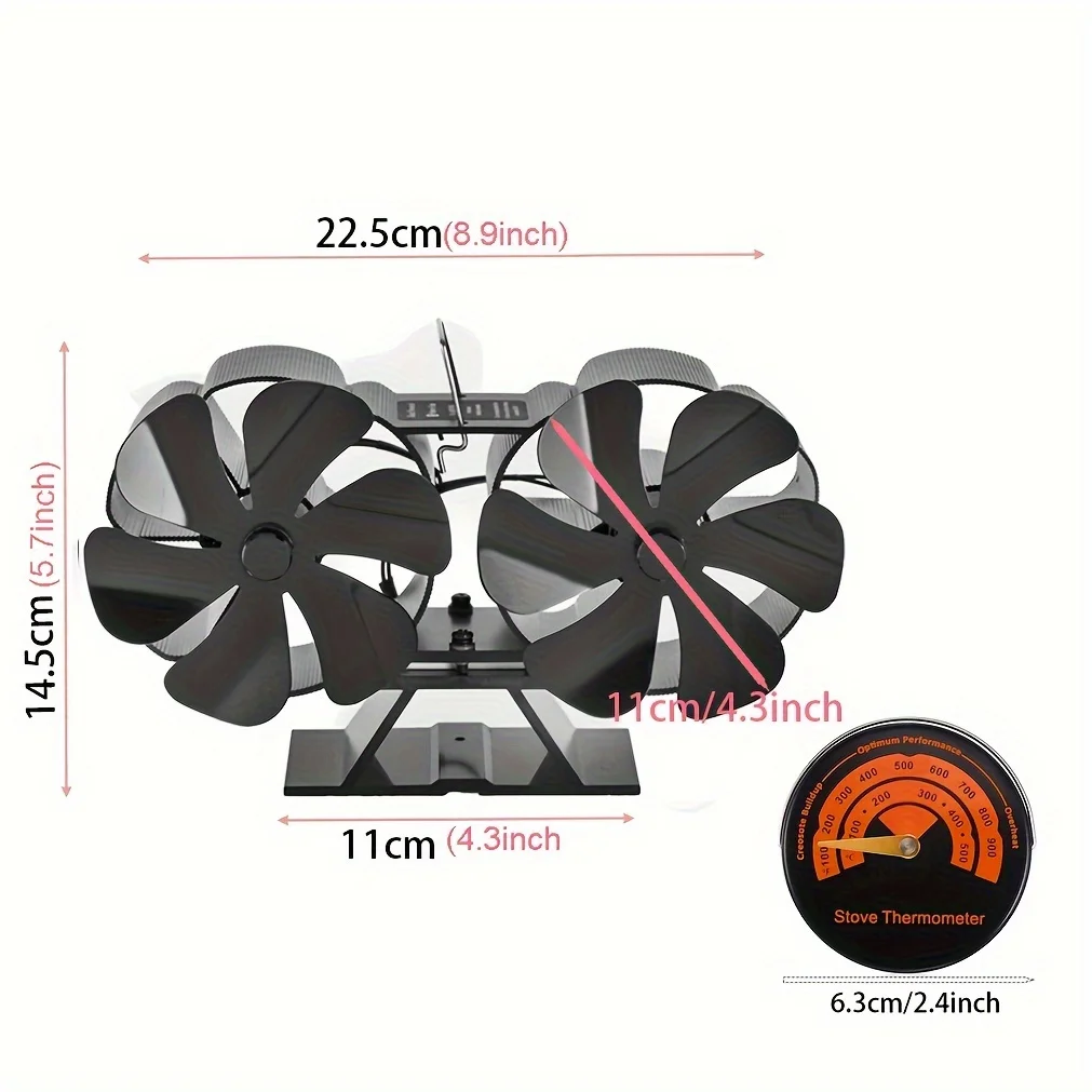 Ventilador não elétrico de fogão a lenha de cabeça dupla com termômetro, movido a calor, distribuição de calor, ideal para queimadores de log, lareira, 12-Blade