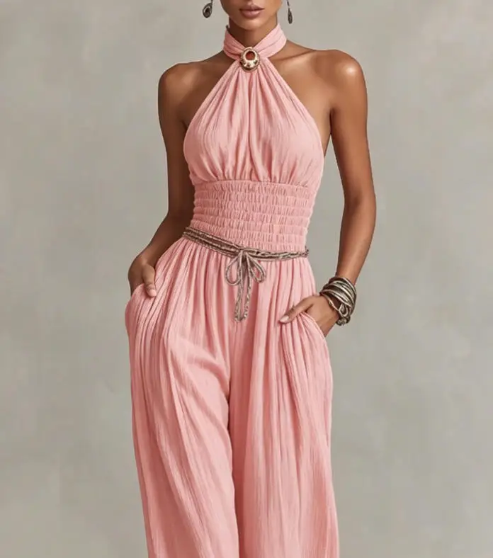 Jumpsuit Women 2026 Spring Summer New Solid Color Halter Backless Shirred Waist Pocket Design Casual Wide Leg Jumpsuit