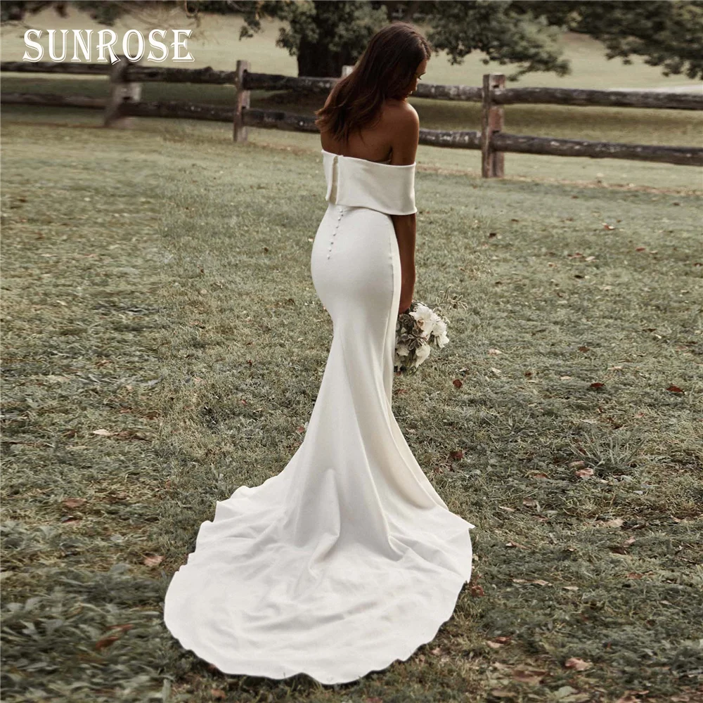 SUNROSE Simple Wedding Dresses Mermaid Off the Shoulder Soft Satin Rustic Bridal Gowns for Women Garden Bride Dress Customized