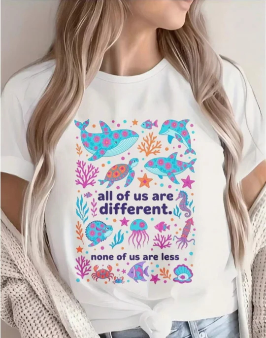2026 Fashion New Women Summer Crew Neck Short Sleeve T Shirt All Of Us Are Different Neurodivergent Letter Print Ocean Lover Daily Casual Basic Top Tee