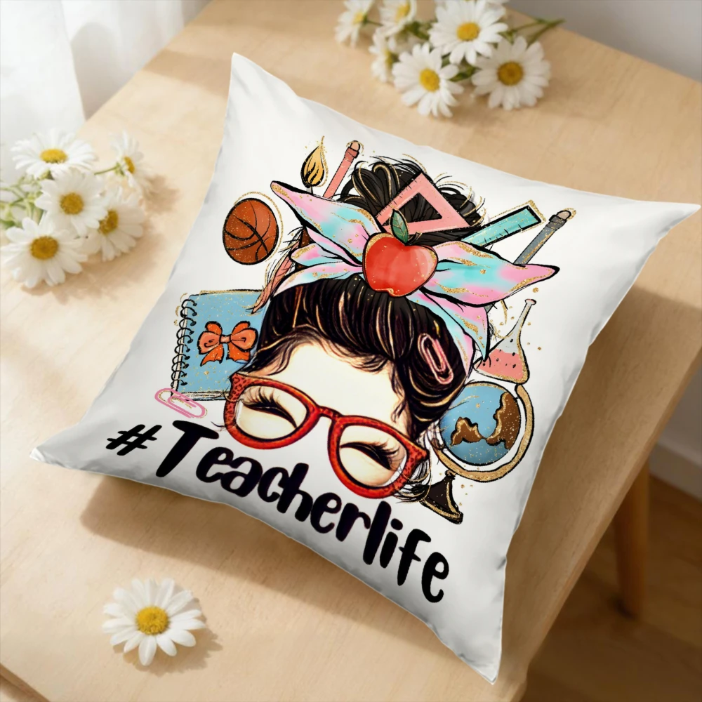 1Pc Cartoon Teacher Life Cushion Cover White Glasses Apple Book Print Pillowcase For Sofa Bed Home Decor Soft Comfortable