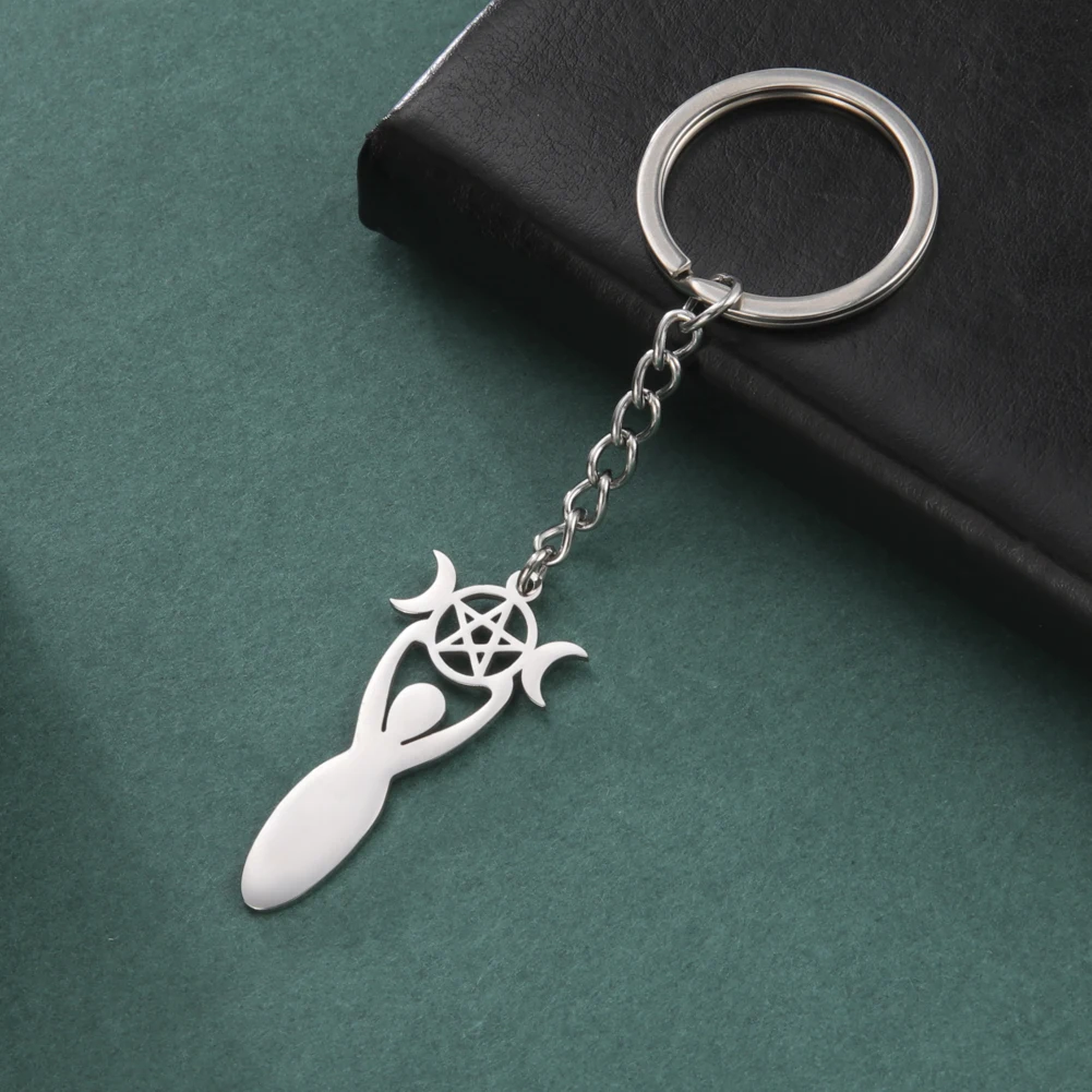 Dreamtimes New Three Goddess Keychain Stainless Steel Five Point Star Moon DIY Handmade Pendant Creative Gift