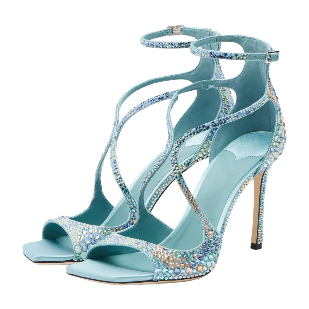 Europe and America Women Luxury Bridal Rhinestone Stiletto Sandals Cutout Crisscross Straps Square Toe Ankle Buckle Heels
