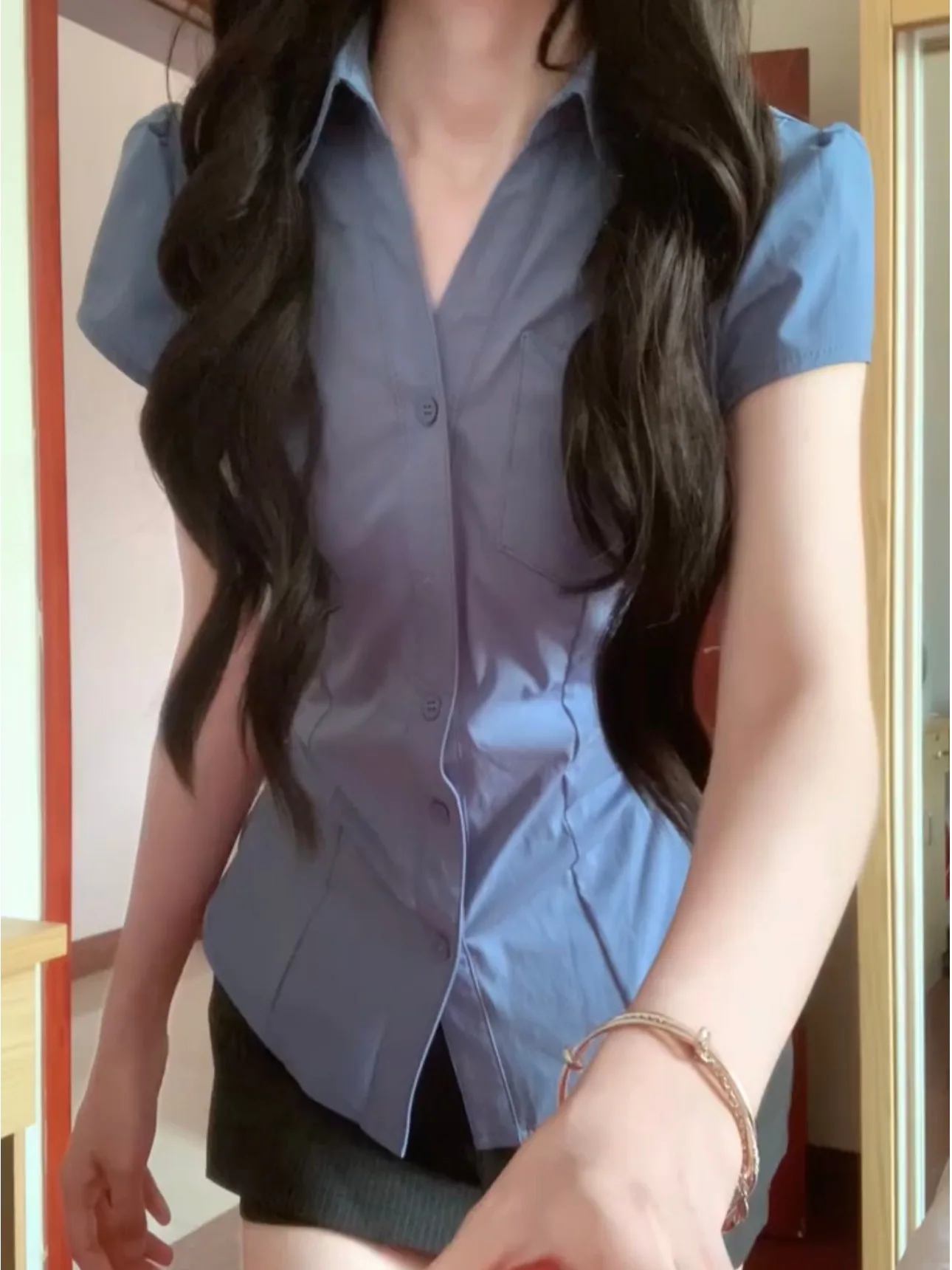 

Slim Fit Blue Short Sleeve Shirt Women's Korean Style Waist Cinched Summer Design Trendy Girl Shirt Cotton French Style