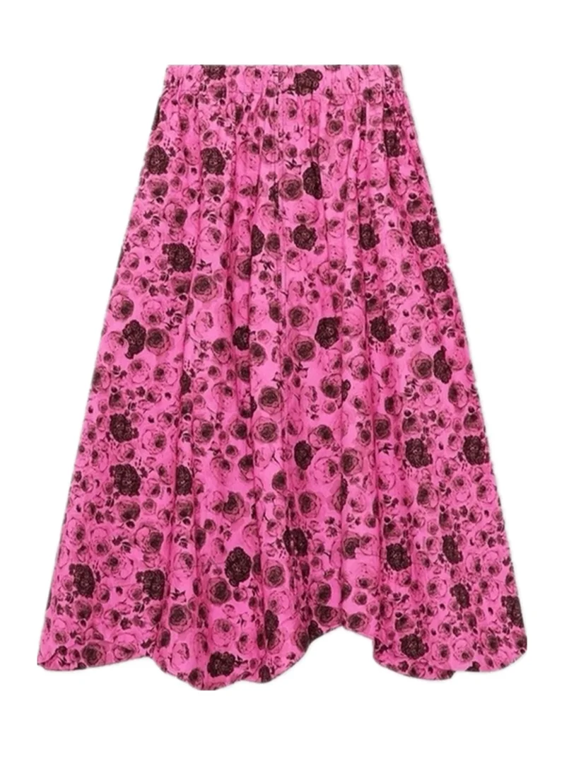 Damska spódnica vintage z wysokim stanem, bawełniana, z nadrukiem róż, elegancka spódnica w kształcie litery A, letnia spódnica z falowanym dołem, długa spódnica w dużych rozmiarach, Vestidos M-7XL