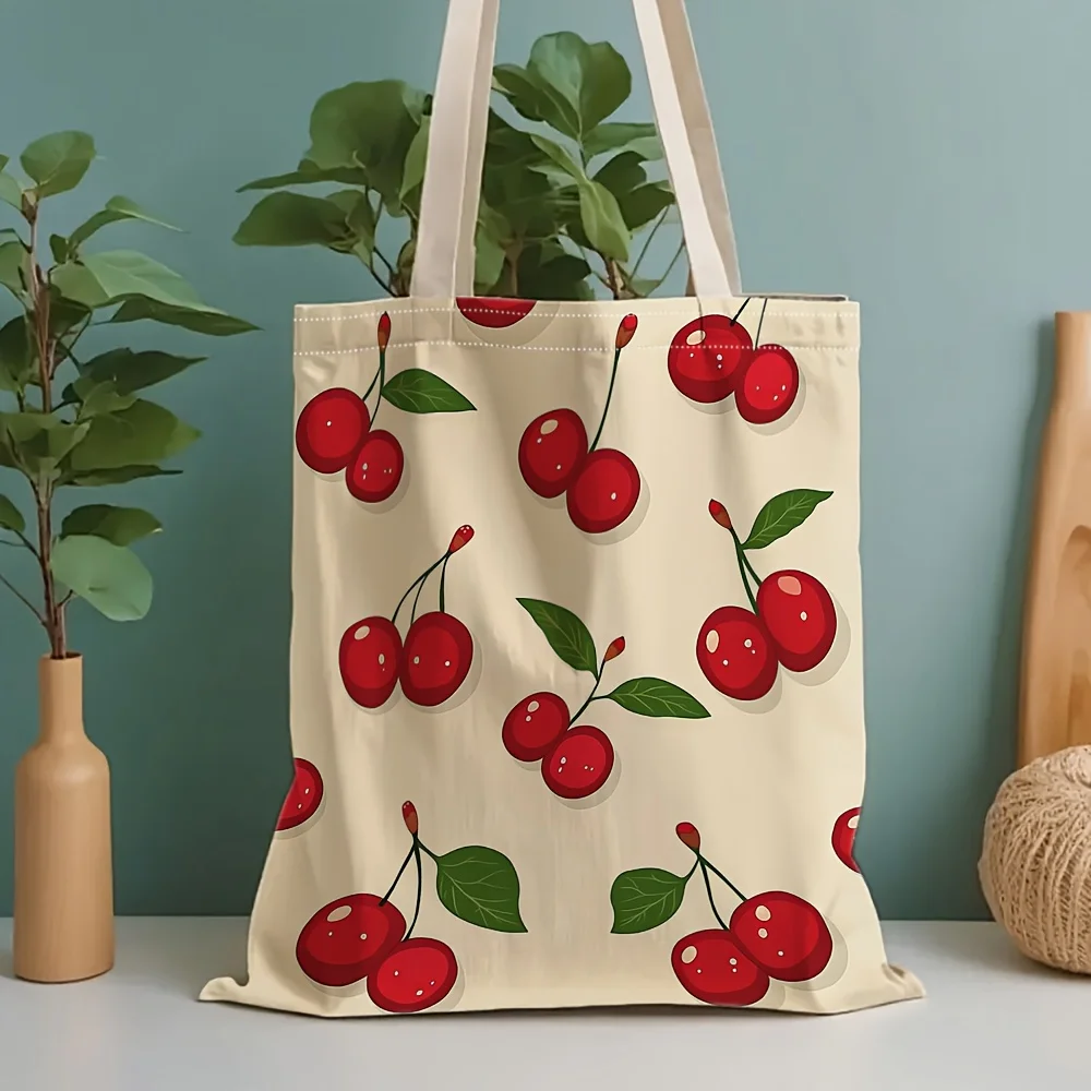 1pc Cherry Pattern Tote Bag, Reusable Shopping Bag, Suitable for Daily Use, School, Travel, A Practical Gift for Fruit Lovers.