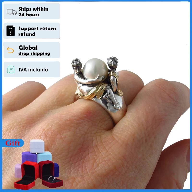 HOYON S925 Sterling Silver Color Engagement Ring for Women Pearl Two Tone Vintage Elegant Ladies Hand Holding Bizuteria Ring