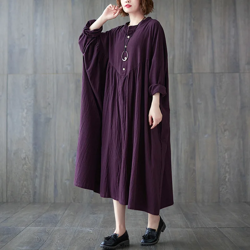 Women's Casual Maxi Dress Plus Size Loose-Fit Batwing Sleeve Solid Color Dress