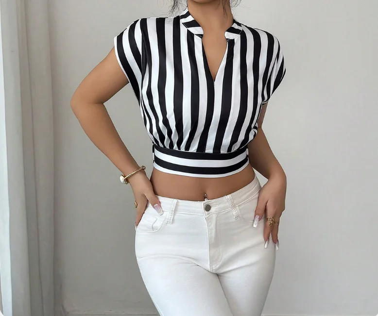 

Women's Chiffon Shirt Summer Fashion Classic Black and White Stripe Printed V-Neck Waist Short Sleeve Chiffon Shirt