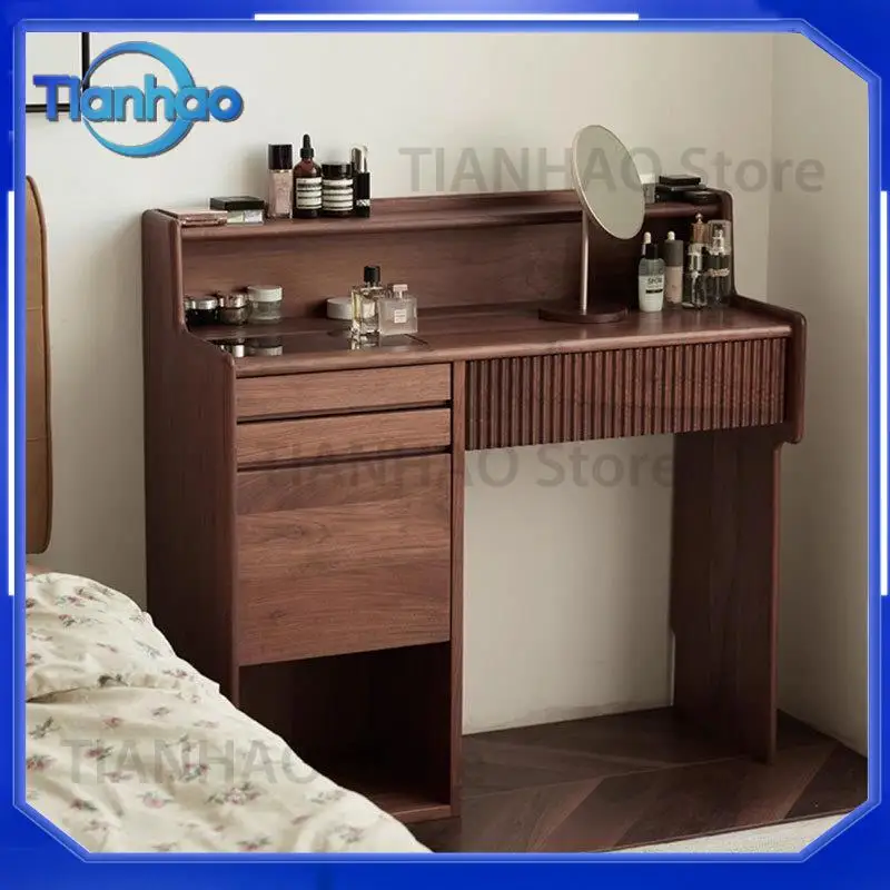 Nordic Style Walnut Wood Dresser for North America Modern Minimalist Multi Functional Solid Wood Makeup Desk for Small