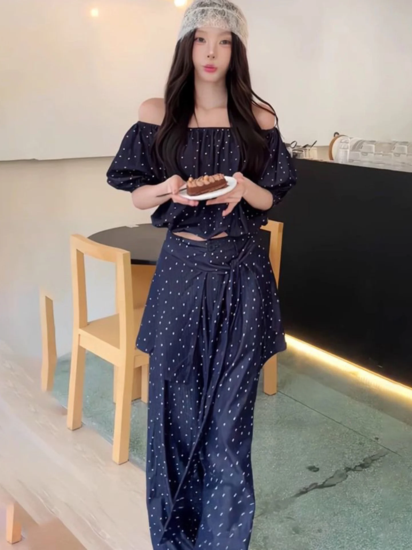 Retro Polka Dot Bubble Sleeve One Shoulder Top High Waist Pants Women's Autumn New Two-Piece Set Casual Straight Leg Pants