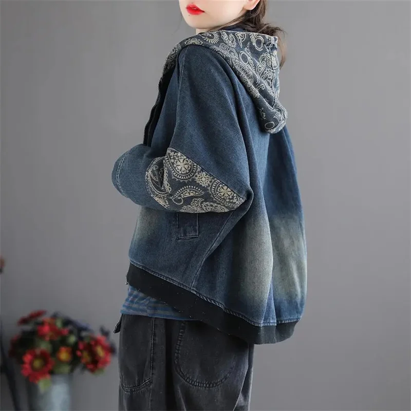 Retro Ladies Fashion Hooded Cowboy Outwear 2025 Female Long Sleeves Denim Coat Spring Autumn Women Patchwork Short Jeans Jacket