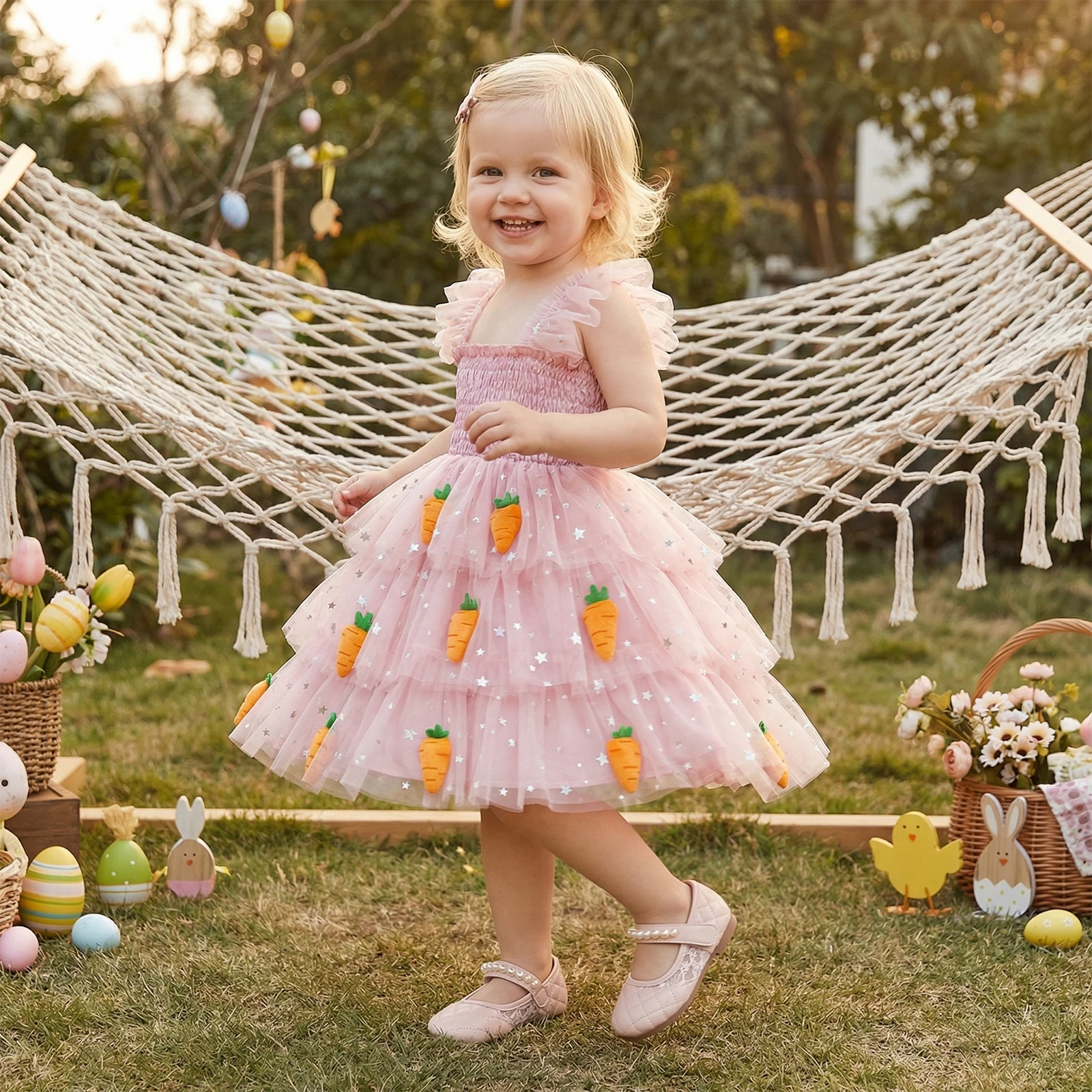 1-6Y Little Toddler Girl Easter Dress Costume Casual A Line Carrot Patch Star Smocked Flying Sleeve Ruffled Mesh Party Dresses