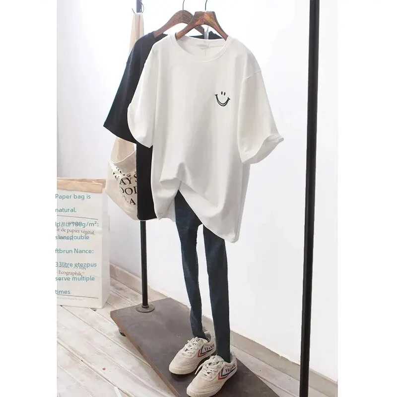 Summer New Round Neck Loose Casual T-shirt Women's Short-sleeved Fun Smiley Print Top Bottoming Shirt