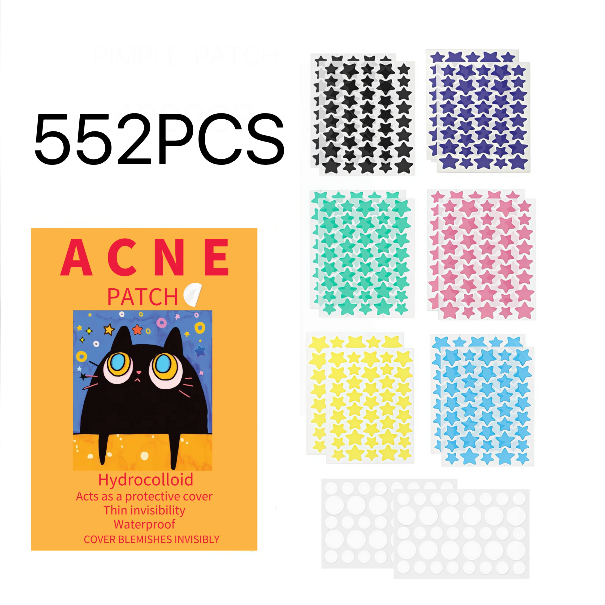 

552Pcs Cartoon Black Cat Orange Box Hydrocolloid Acne Patch Multicolor Star & Clear Round Waterproof Invisible Pimple Spot Care