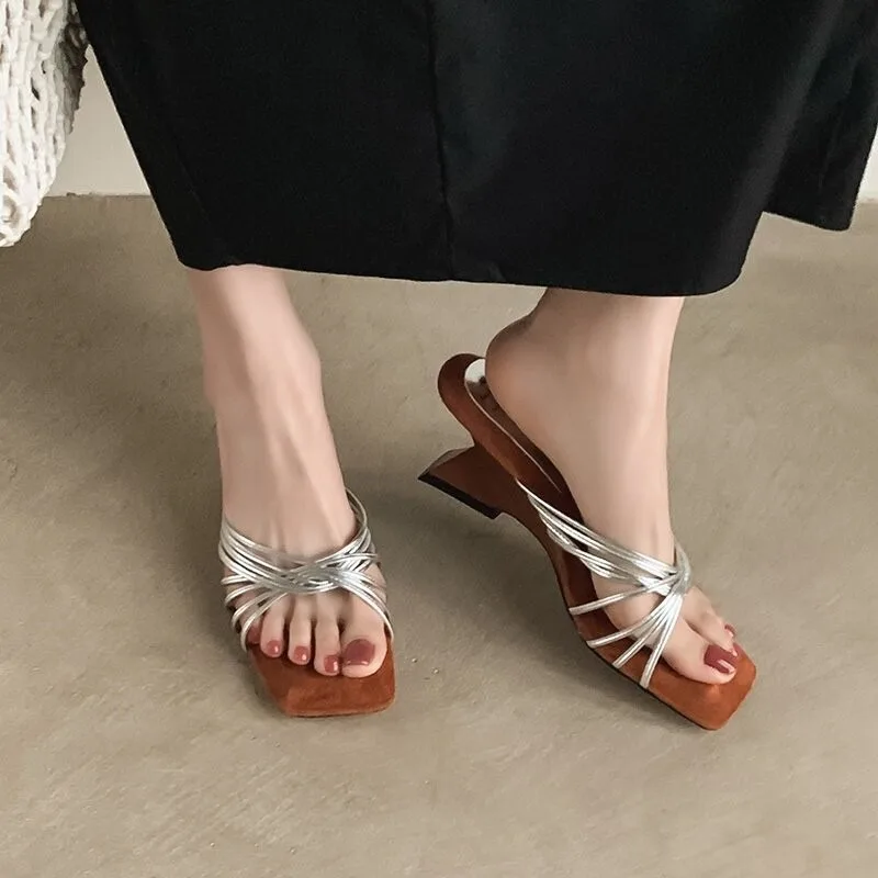 Women Slippers French Style Temperament Square Head Slope Heel Cool Slipper Summer Open-toe One-word Cool Slides Sandalias Mujer