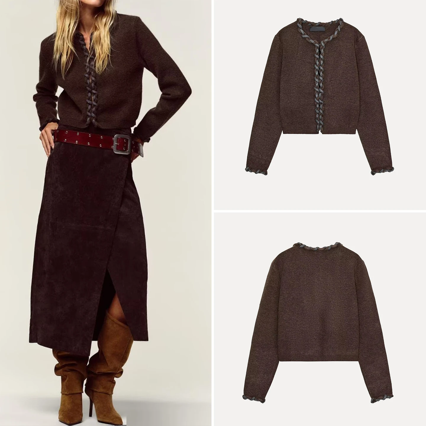 

Faionable Knitted Outerwear Women's Autumn 2025 Stand Fit Decorative Button Long Sve ort Length Interwoven Layered ...