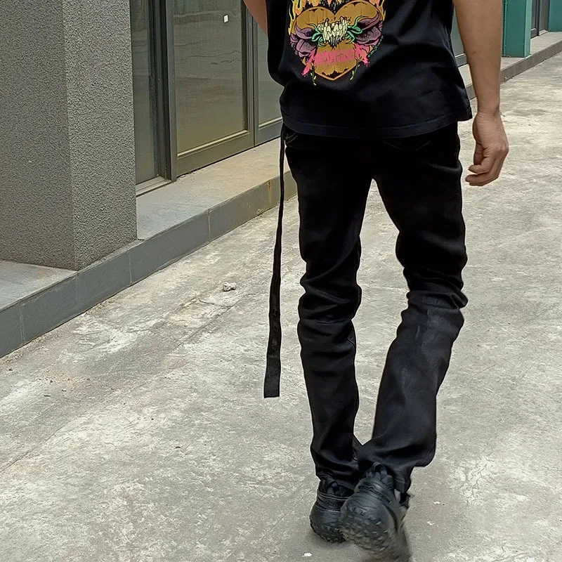 HKSH ฤดูใบไม้ผลิฤดูร้อนใหม่ Waxed Denim กางเกง RO สไตล์ Handmade พื้นผิวเคลือบตรง High Street ความยืดหยุ่นกางเกงยีนส์ Dark Chic HK3646