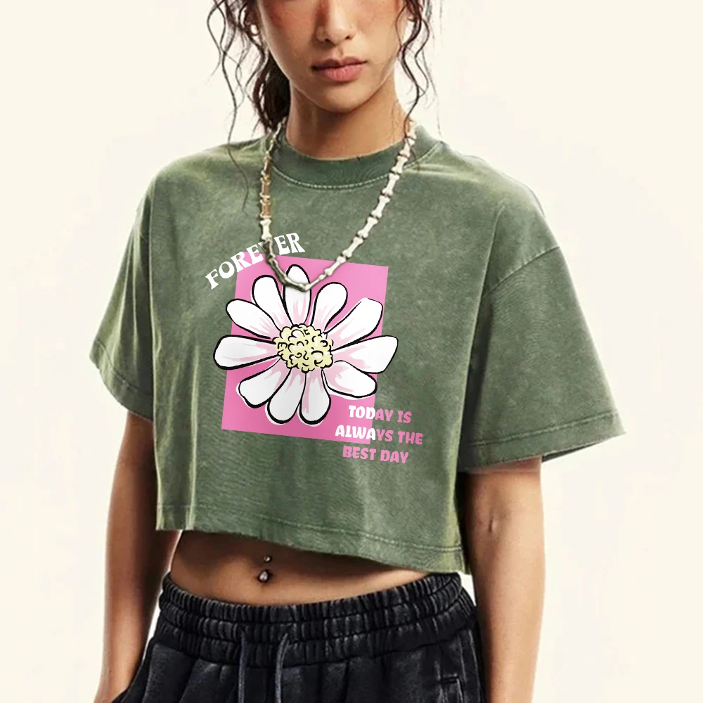 Forever Today Is Always The Best Day Flower Prints Women Washed Crop Top Street Fitness Short Sleeve Cotton T-Shirt Slim Tops