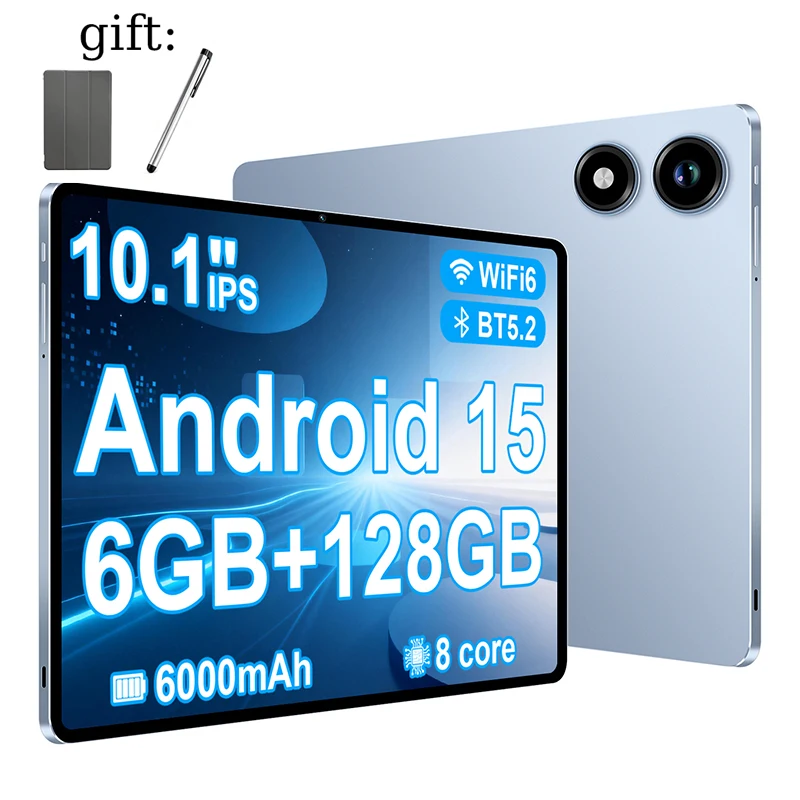 Android 15 Tablet 10.1 Inch HD Touch Screen 6GB RAM 128GB ROM Octa Core 6000mAh WiFi 6 Tablet With Protective Case