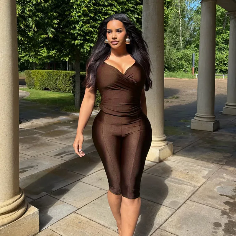 

Slim 2 Piece Set Women Solid Wrap V Neck Lace Up Halter Backless Ruched Tanks Top + Peach Hip Skinny Calf Length Pants Suit