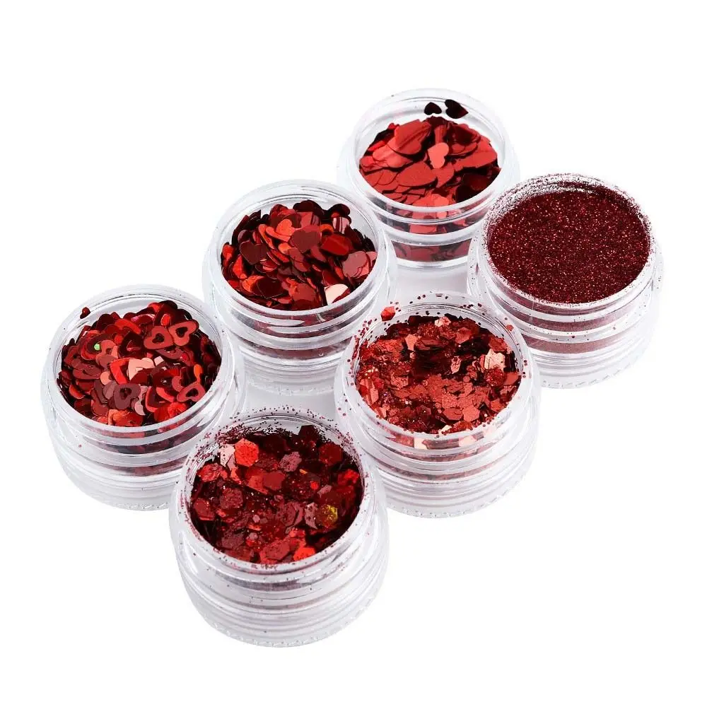 6Pcs/set Manicure Tools Red Heart Nail Powder Nail Art Decorations Nail Art Supplies Red Glitter Flakes Love Heart PET