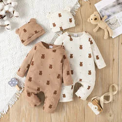 LAPA 0-18M Infant Casual One-Piece Jumpsuit Set Baby Cute Bear Print Long Sleeve Romper+Hat 2 Piece Newborn Pullover Bodysuits