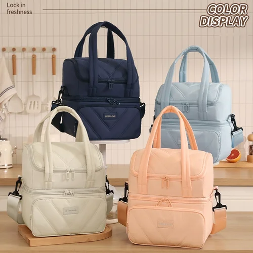 Imagen 2 del producto Bolsa de almuerzo de dos pisos con aislamiento de viaje para mujer, bolso térmico reutilizable para alimentos, bolsa impermeable con asa superior Bento para trabajo, Picnic