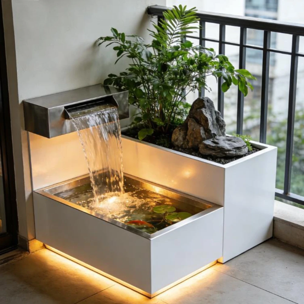 Modern White Stainless Steel Modular Fish Pond - Luxury Outdoor Water Fountain with Planter & LED Custom Garden Water Feature
