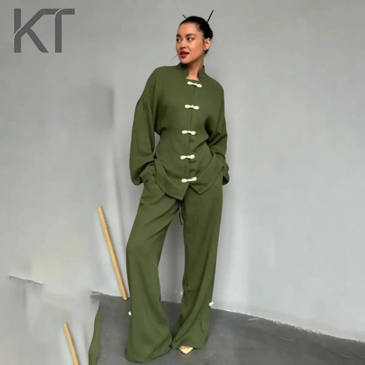 

KT Muslim Women 2 Piece Set Modest Kimono Wrap Tie Back Long Sleeve Top Wide Leg Pants Outfit Islamic Casual Abaya Matching