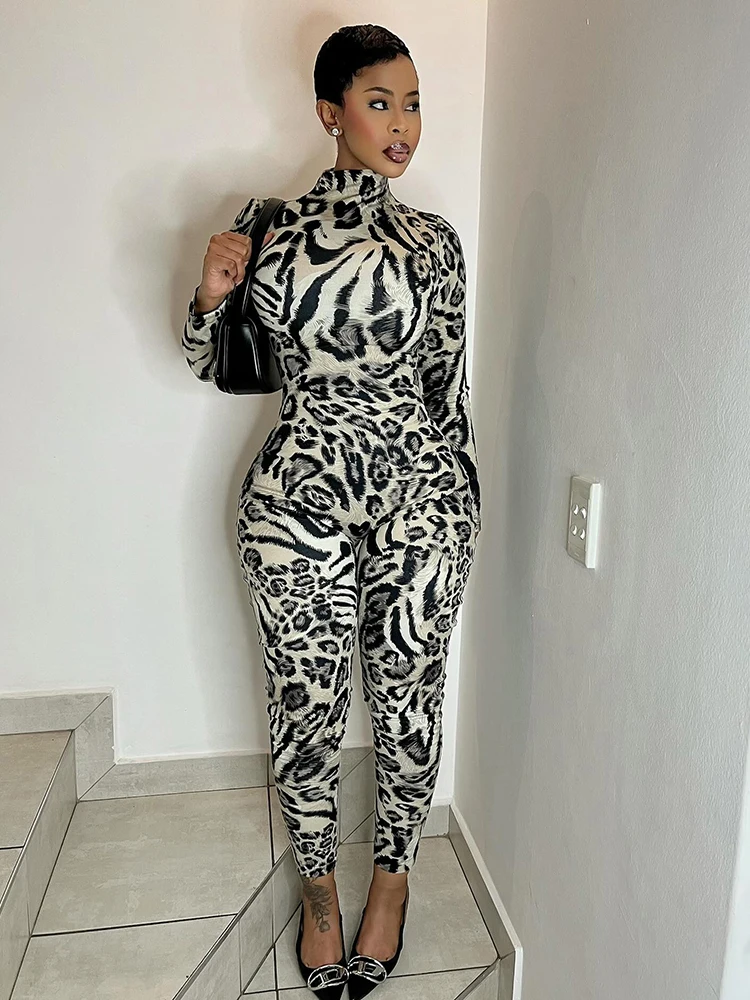 

Weird Puss Fitness Jumpsuit Women Sexy Zip Leopard Print Full Sleeve Streetwear Activity Workout Casual Tight Stretch Overalls