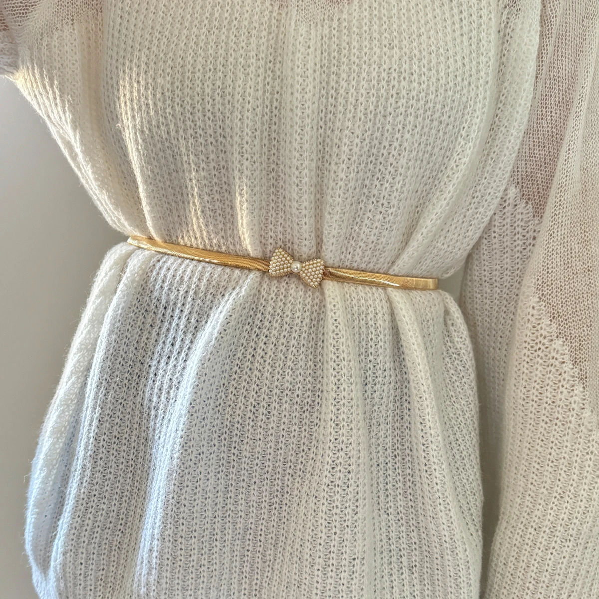 Fashion Rhinestone Flora Waist Chain Belt Female Pearl Bow Designer Luxury Elegant Belts For Women Elastic Adjustable Dress Belt