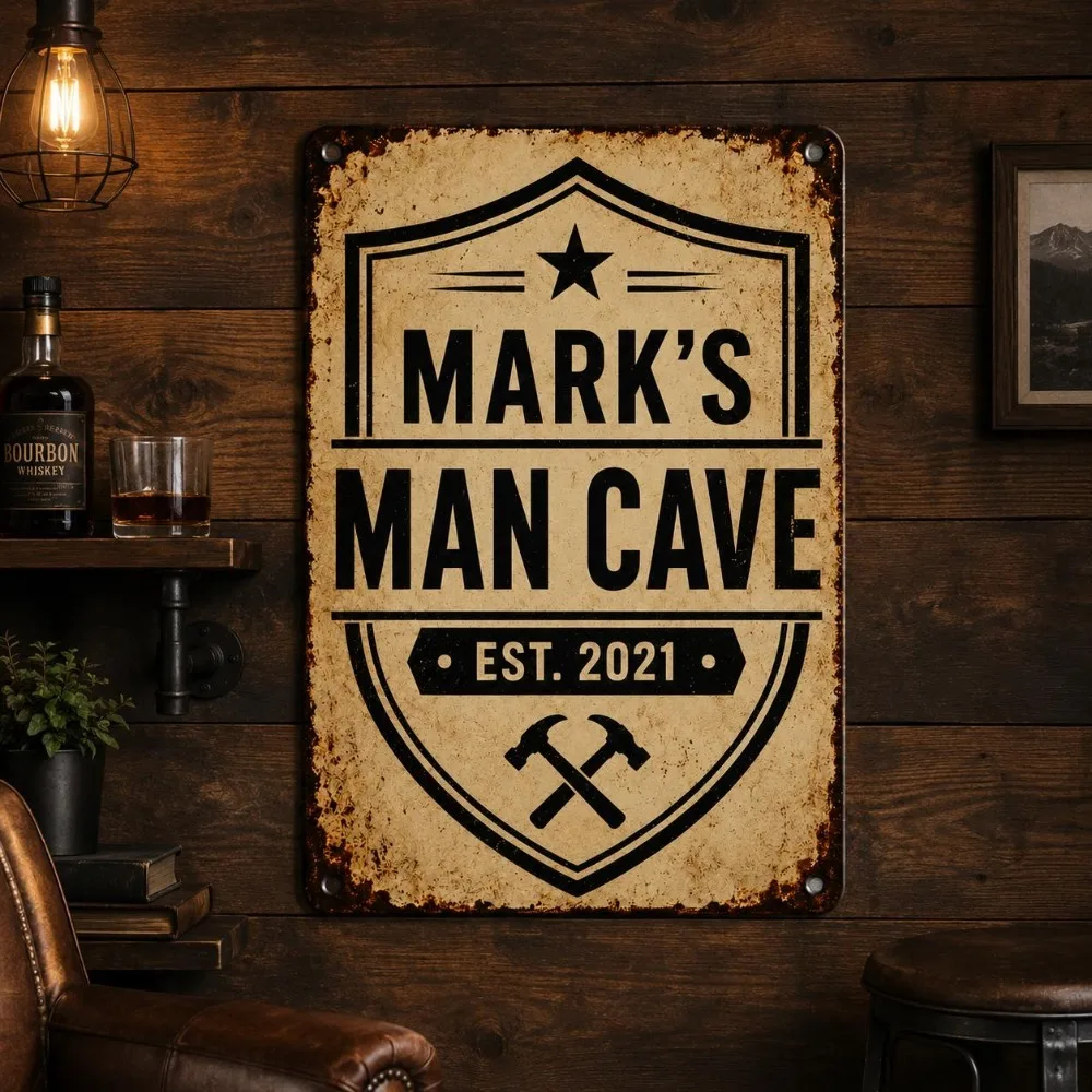 CIFbuy [2D Flat] 1pc Custom Shield Man Cave Metal Plaque, Personalized Name Est Year Hammer Star Wall Ornament (Only For Decorat