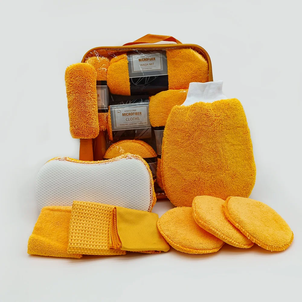 9 Piece Car Wash Kit Microfiber Towel Wax Applicator Pads Sponge Wheel Brush