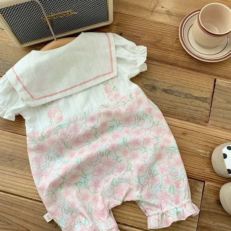 Cute Newborn Baby Girl Romper Short Sleeve Peter Pan Collar Bow Flower Jumpsuit Loose Outfits Summer Clothes 0-24Months