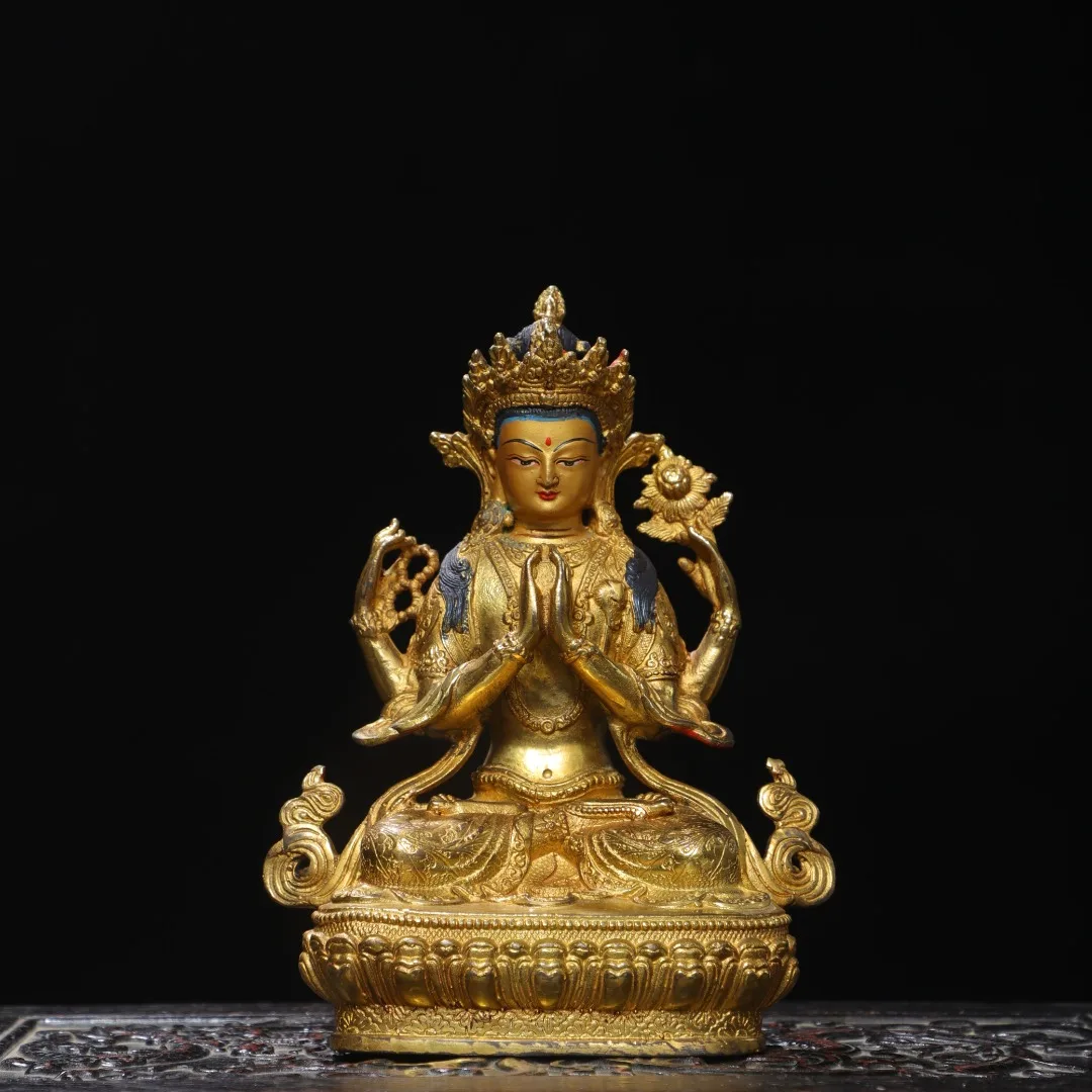 Old Bronze Gilded Painted Face Four armed Guanyin Lotus Throne Sitting Buddha Amitabha Worship Hall Town house