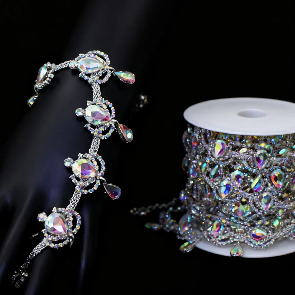 

Shimmering AB Crystal Teardrop Headdress Rhinestone Trim Glass Chain New Bride's Wedding Dress Decoration Accessory