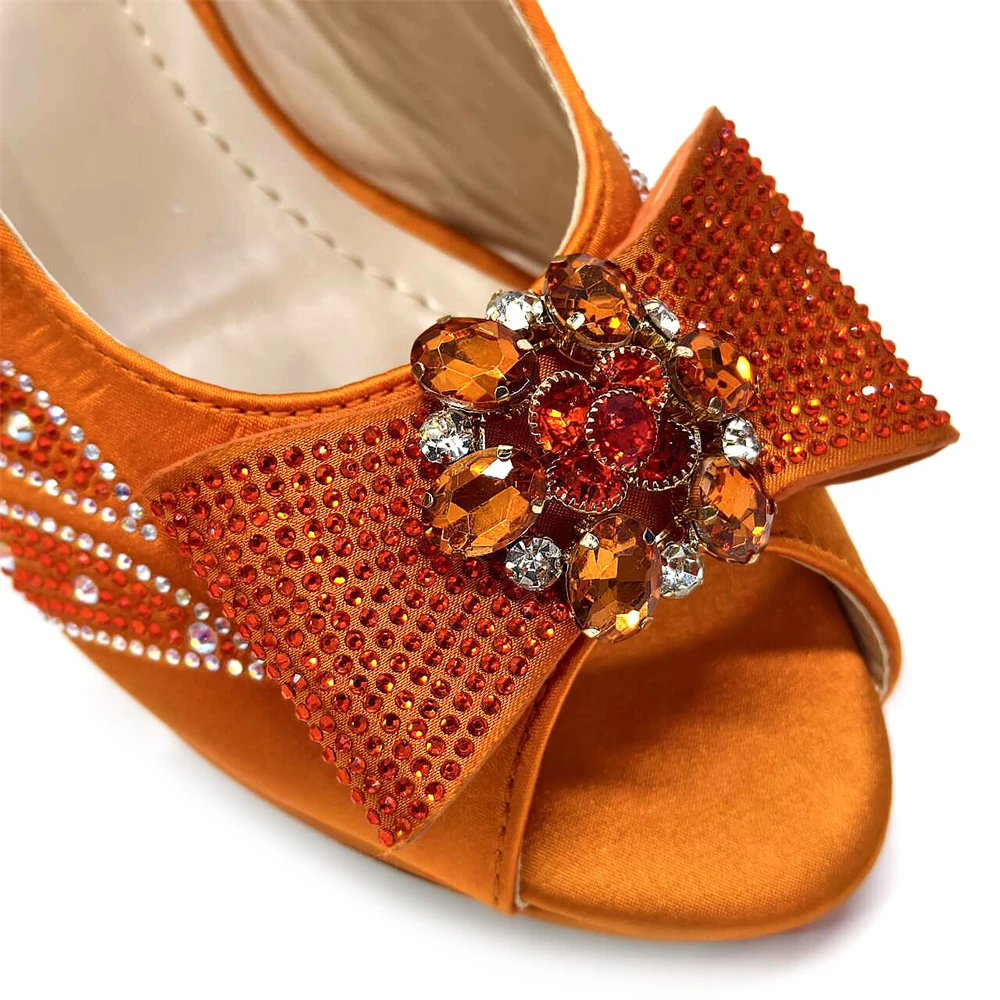 Venus Chan Italian Shoes and Bags Matching Set 2024 Orange Color Bow Rhinestones  Peep Toe Women High Heel Evening Party Shoes