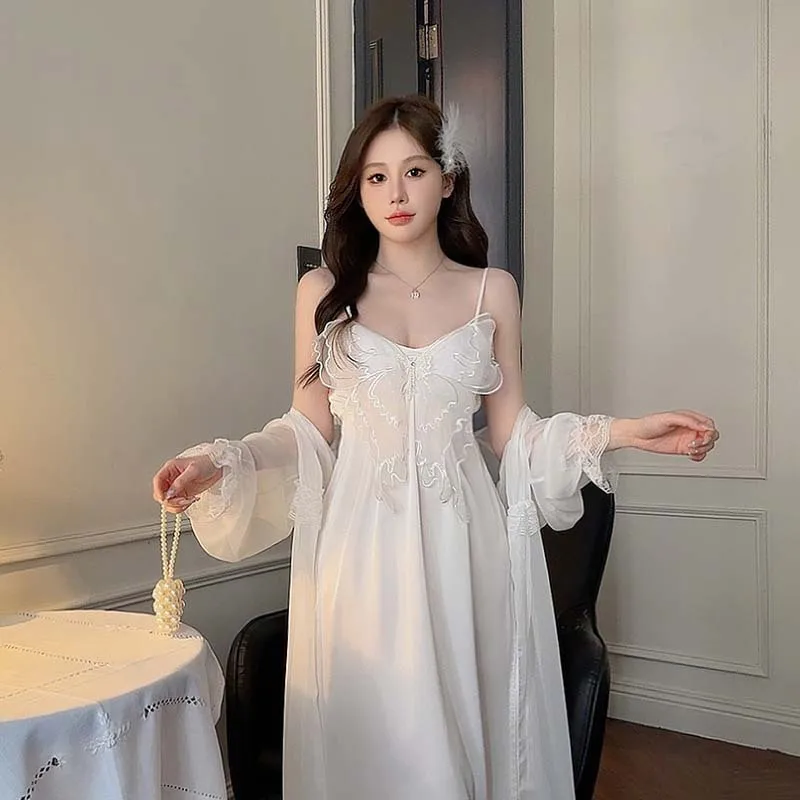 Sexy Lace Robe Gown Set Summer New Chiffon Sleepwear Kimono Bathrobe Nightgown Suit Women Casual Satin Home Dress Loungewear