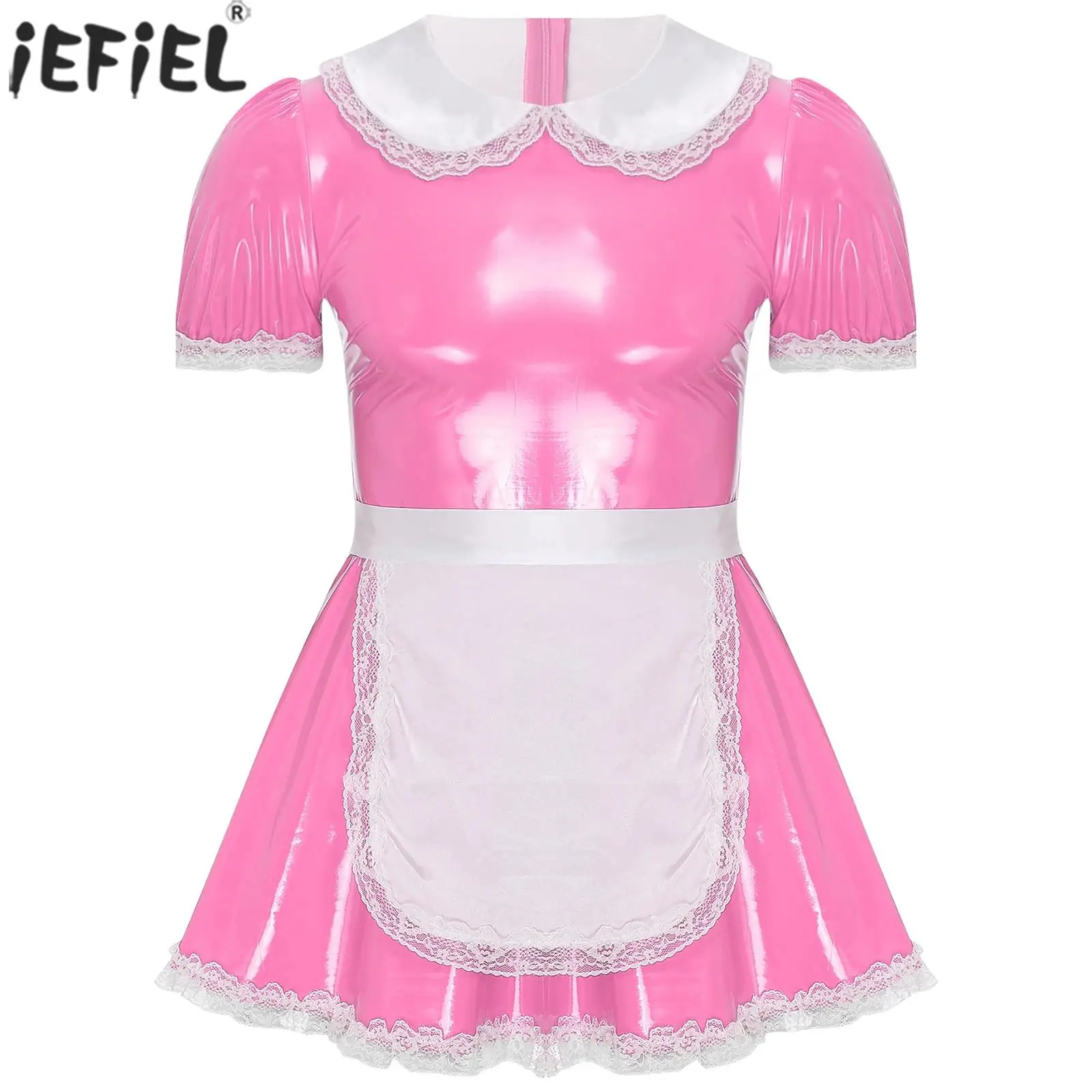 

Men Halloween Masquerade Sissy Maid Dresses Uniform with Apron Lace Patent Leather A-Line Dress Cosplay Crossdresser Costume