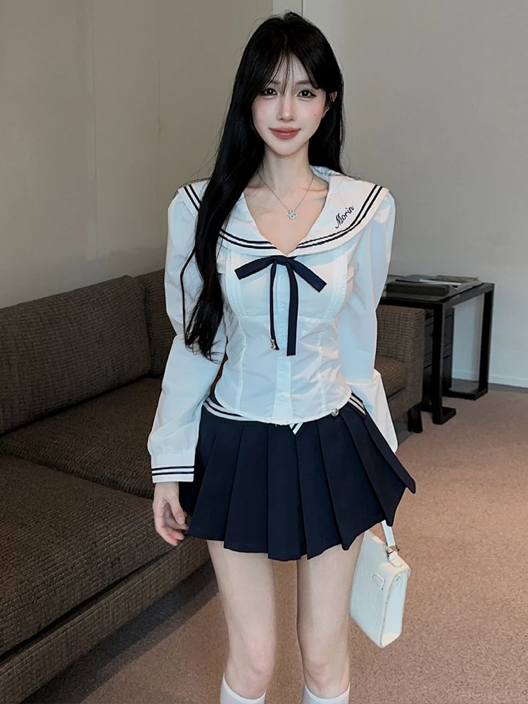 Korean College Style Gentle Personality Long Sleeve Embroidered JK Uniform  Knot Waist Cinched Shirt A-Line Pleated ...