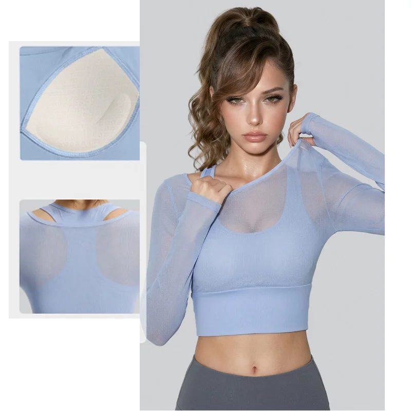 Aiithuug Yoga Crop Long Sleeve Sheer Mesh Sexy Crop Top Longsleeve Padded Camisole Workout Yoga Bra Crop Fitness Shirts Cropped
