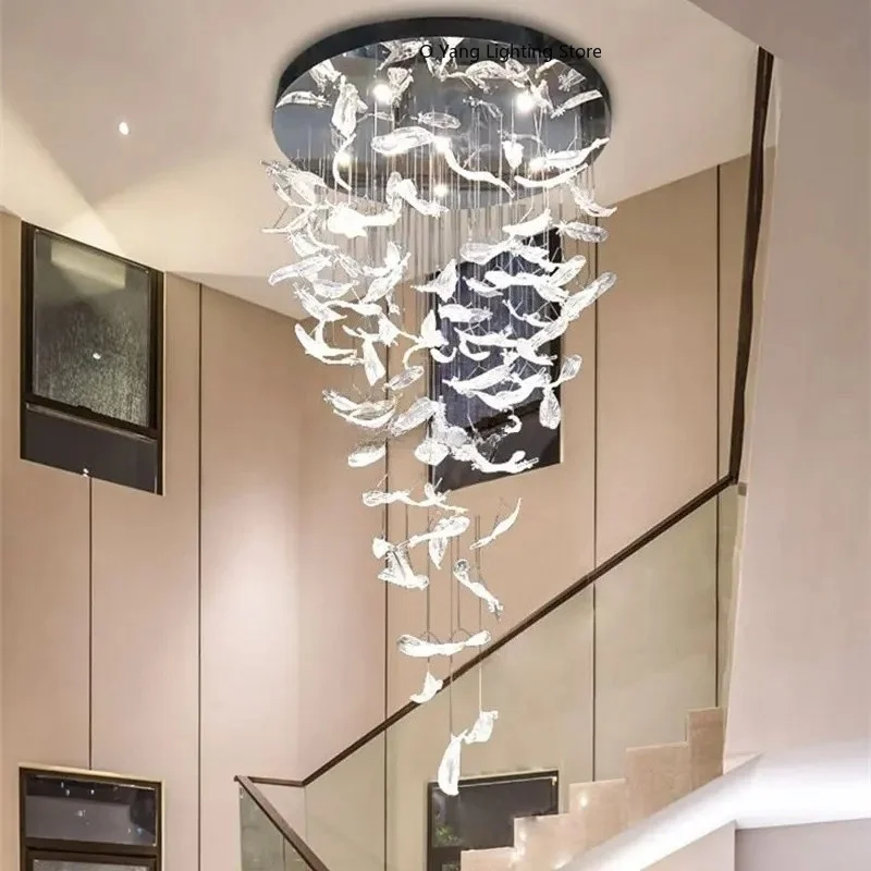 Nordic Modern Amber Transparent Crystal Feather Chandelier Corridor Living Room Villa Suspension Lamp Indoor Decorative Lighting